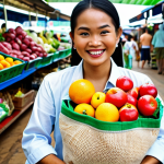 **Prompt:** A person smiling while holding a reusable tote bag filled with groceries at a local Thai market. Focus on the vibrant colors of the fruits and vegetables, and the traditional Thai market setting. Emphasize sustainability and eco-friendliness with a bright and positive tone.