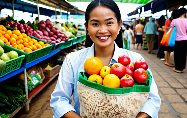 **Prompt:** A person smiling while holding a reusable tote bag filled with groceries at a local Thai market. Focus on the vibrant colors of the fruits and vegetables, and the traditional Thai market setting. Emphasize sustainability and eco-friendliness with a bright and positive tone.