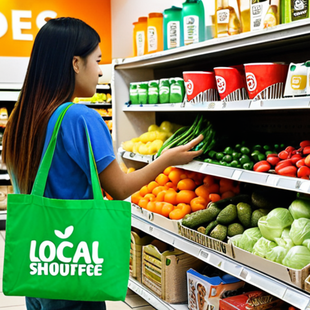 **Reusable Bag & Tumbler:** A person at a Thai supermarket checkout, holding a colorful reusable shopping bag filled with local produce, and a personal tumbler with a popular Thai coffee shop logo. Focus on eco-conscious shopping.