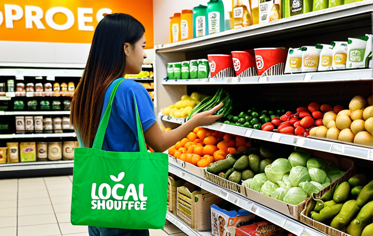 **Reusable Bag & Tumbler:** A person at a Thai supermarket checkout, holding a colorful reusable shopping bag filled with local produce, and a personal tumbler with a popular Thai coffee shop logo. Focus on eco-conscious shopping.